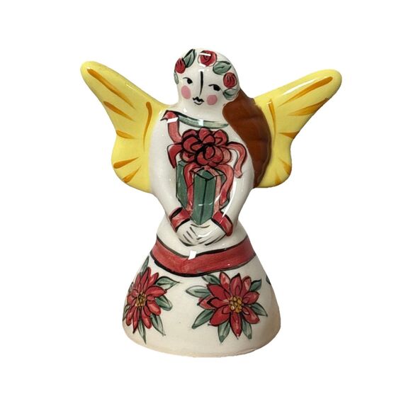Vintage White Dog Pottery Christmas Angel Poinsettia Gift Figurine Candle Holder - Picture 1 of 14